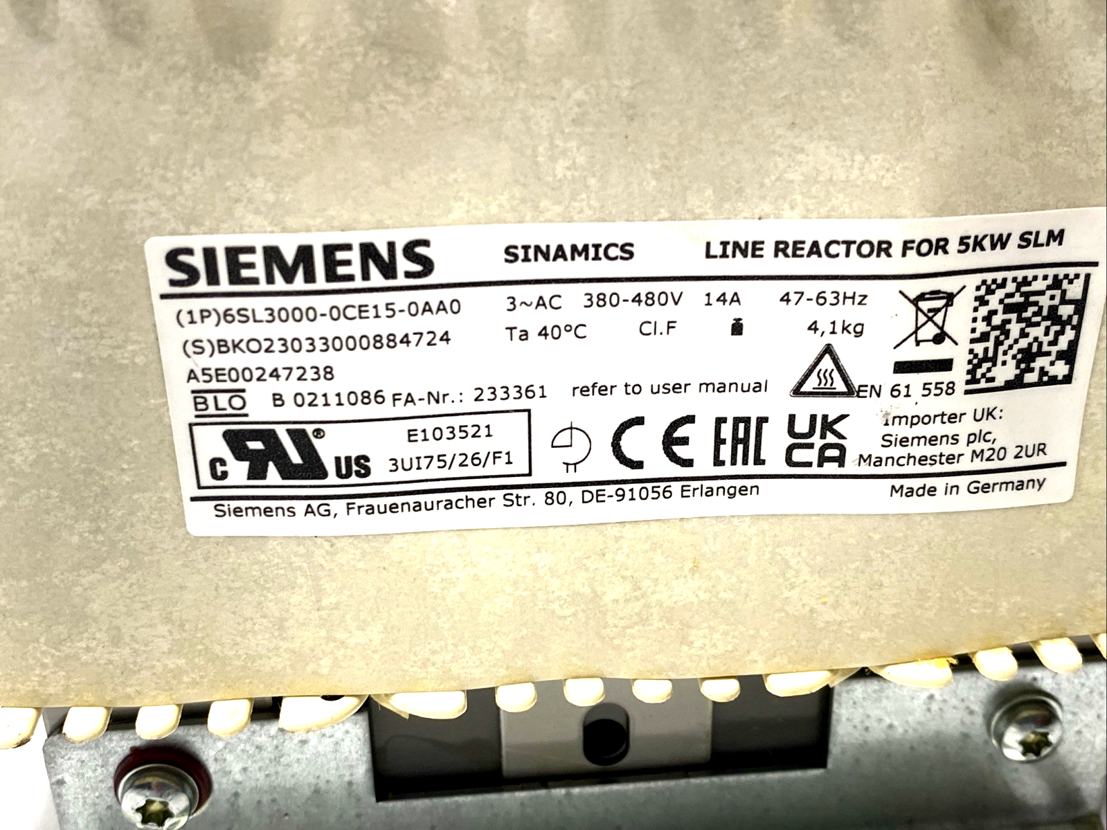 Siemens 6SL3000-0CE15-0AA0 SINAMICS Line Reactor for 5kW Module Input 3-PH 480V - Used - Maverick Industrial Sales