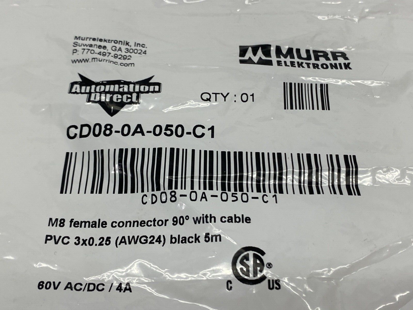 Murrelektronik CD08-0A-050-C1 M8 Female Right Angle Connector Black Cordset 5m - Maverick Industrial Sales