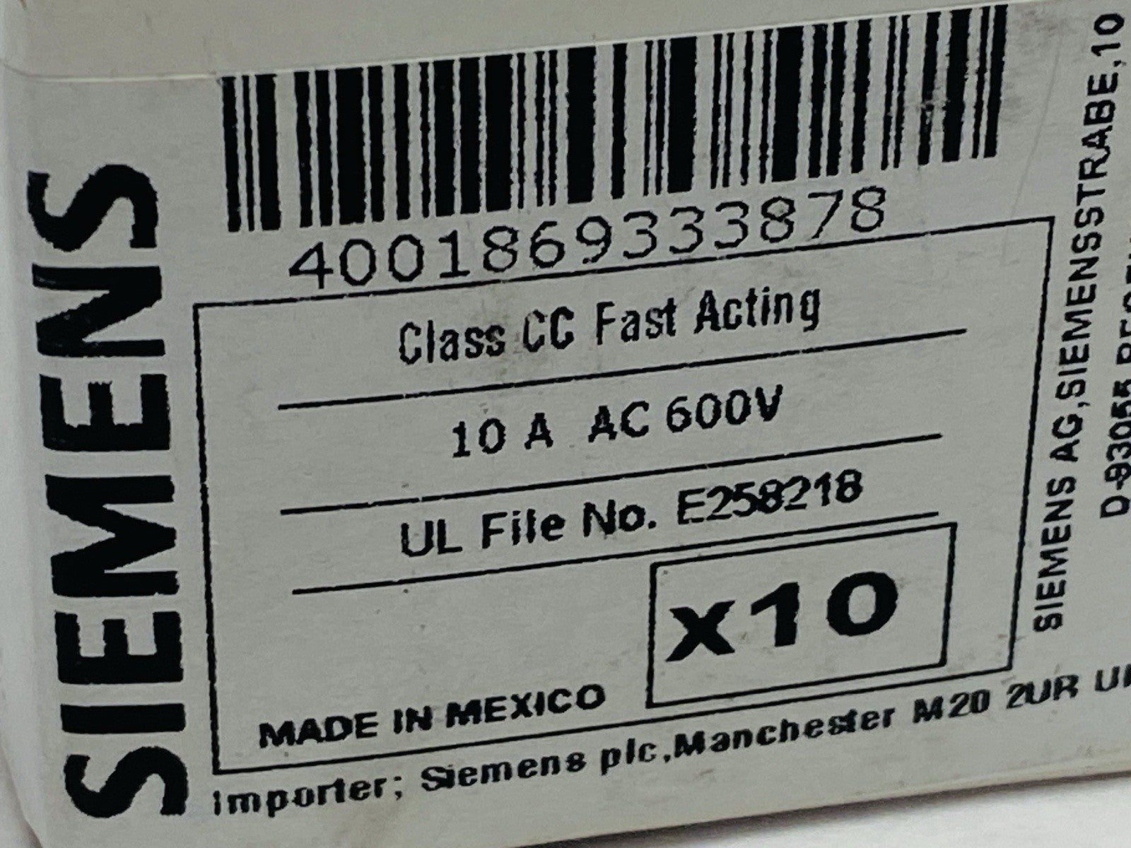 Siemens 3NW2100-0HG Cylindrical Fuse Link Class CC 10A 600V LOT OF 10 - Maverick Industrial Sales