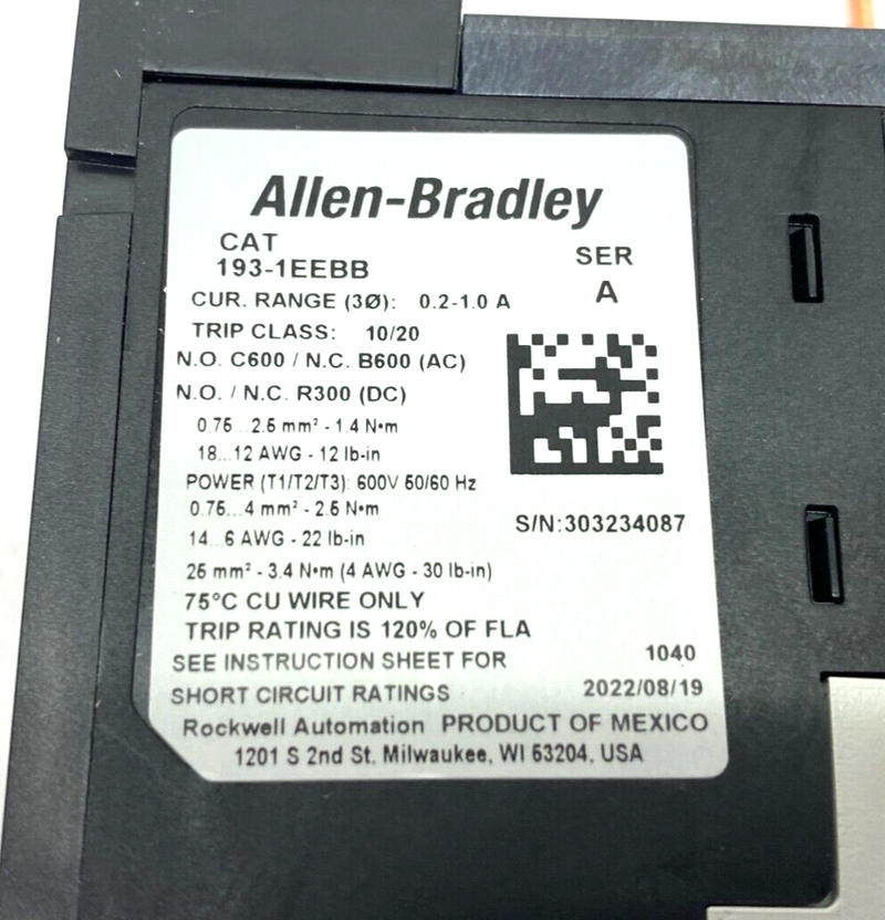 Allen Bradley 193-1EEBB Ser. A Electronic IEC Overload Relay Manual Reset 10-20T - Maverick Industrial Sales