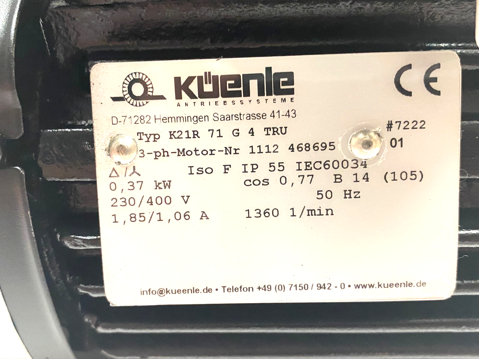 Kuenle K21R 71 G 4 TRU 3-Phase Motor 1360rpm 230/400V 1112 468695 - Maverick Industrial Sales