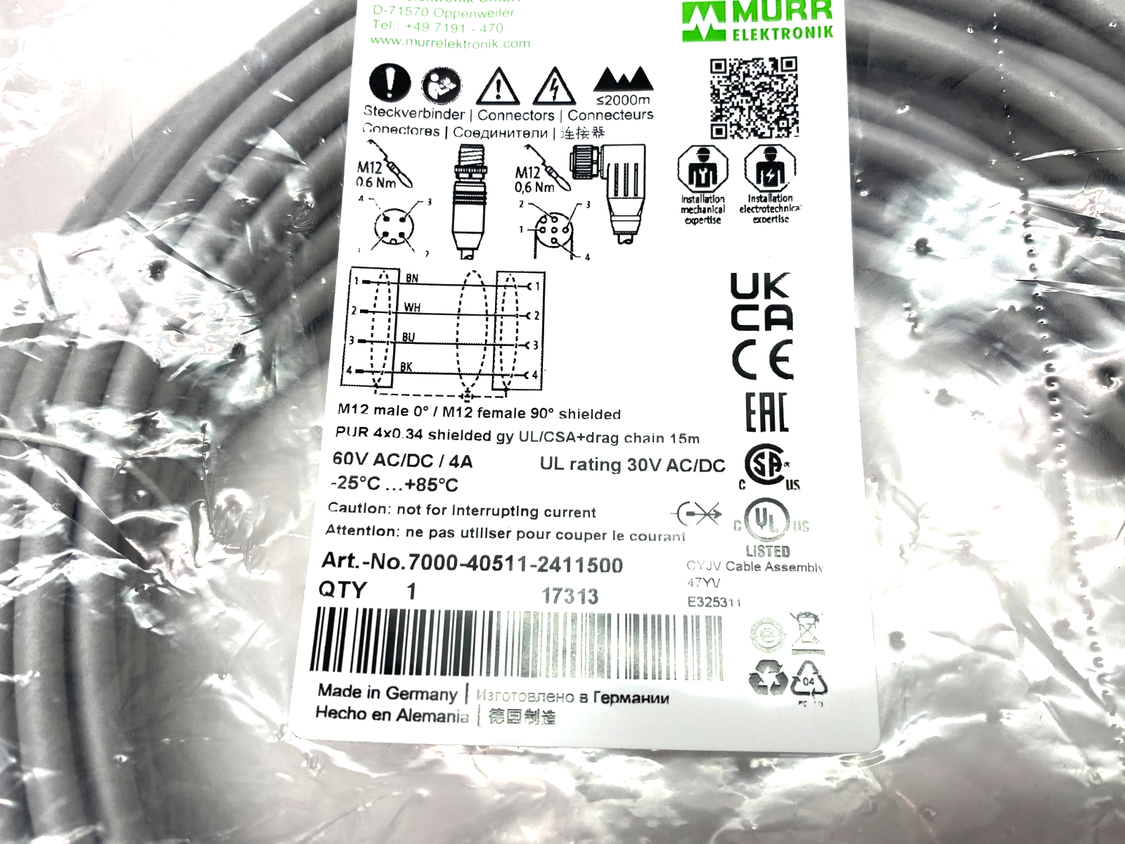 Murrelektronik 7000-40511-2411500 Cordset M12 male 0° / M12 female 90° A-cod. - Maverick Industrial Sales