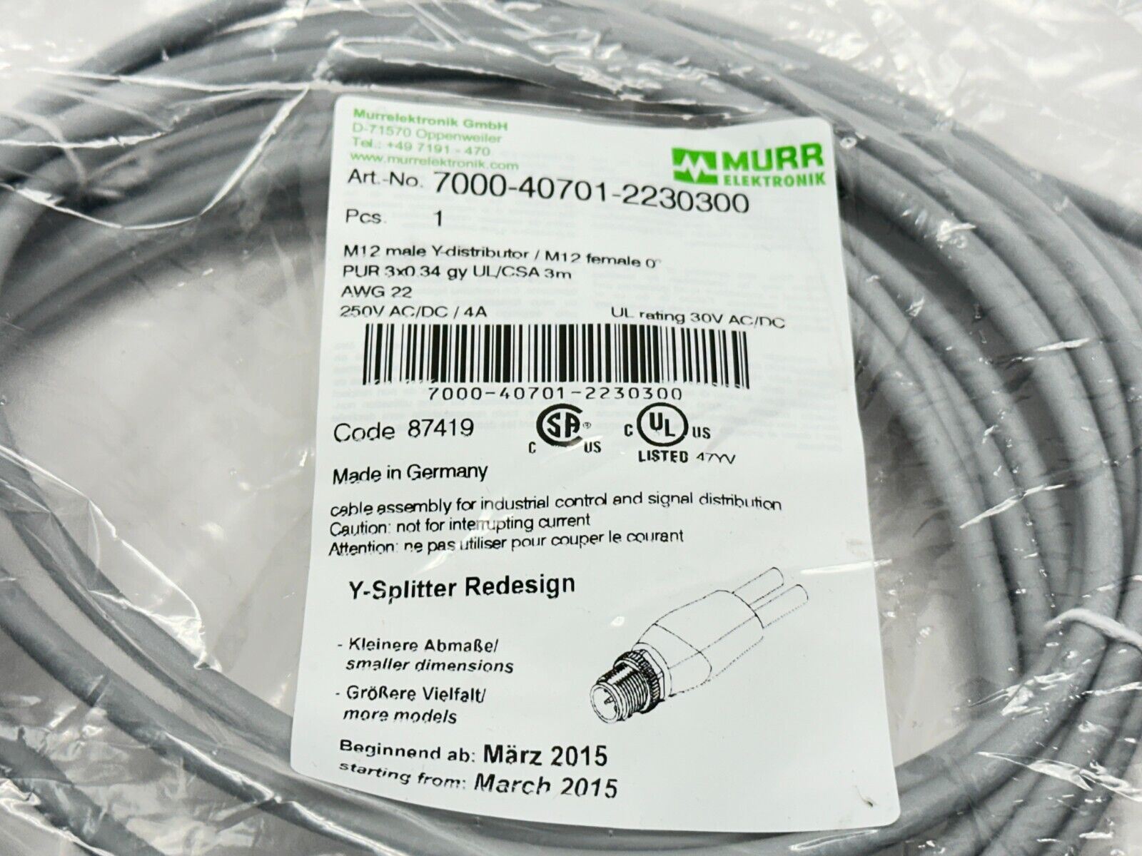 Murr Elektronik 7000-40701-2230300 Y-Distributor M12 M 4-Pin - M12 F 5-Pin 3m - Maverick Industrial Sales