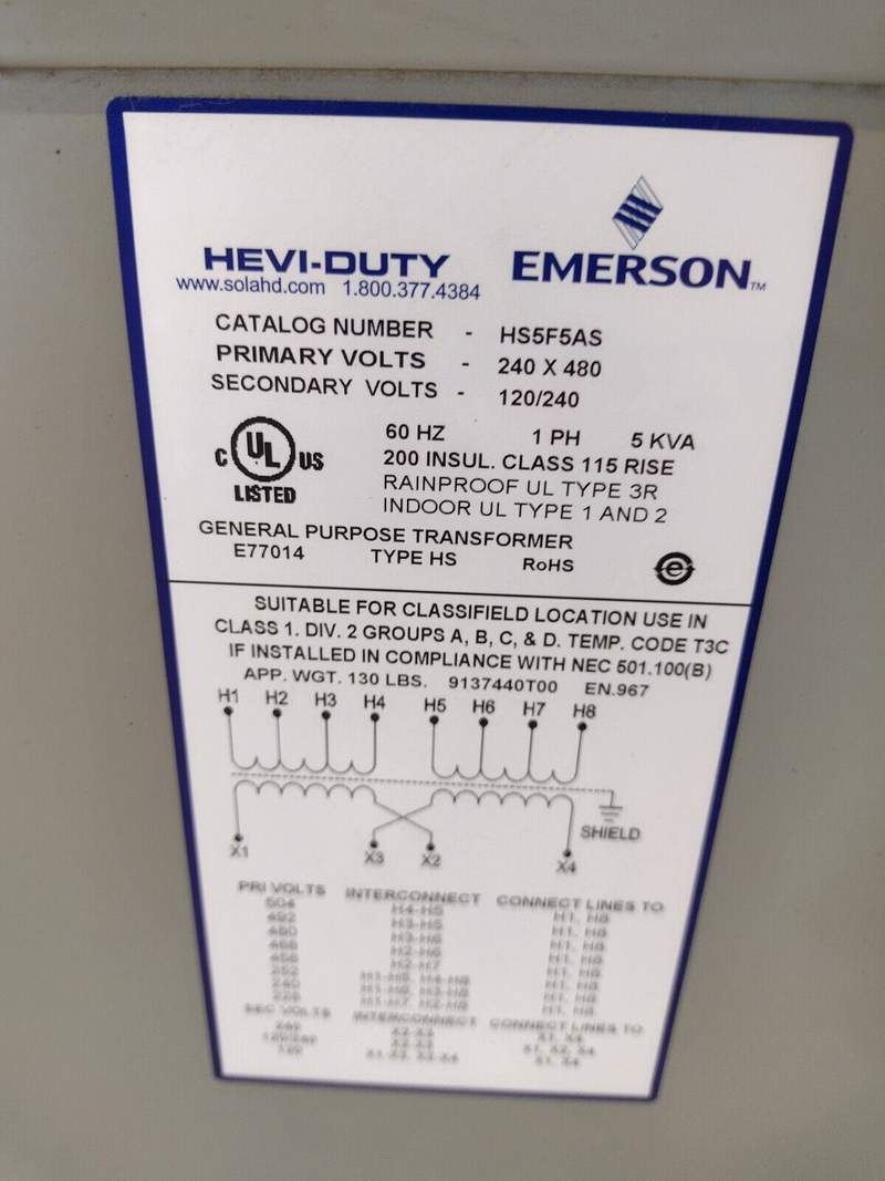 Emerson Hevi-Duty HS5F5AS 240V x 480V ~ 120V/240V 1PH 5KVA Transformer - Maverick Industrial Sales