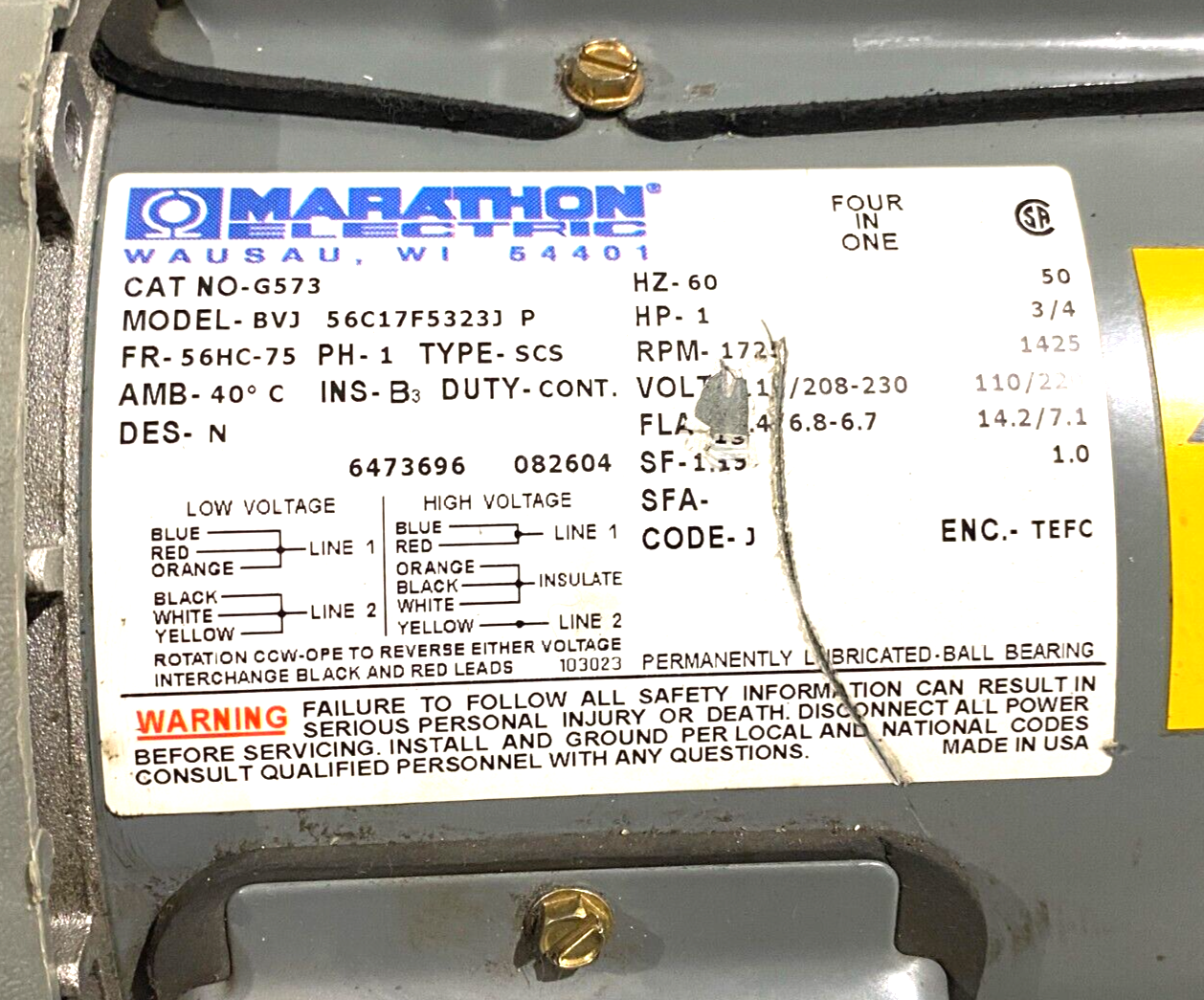 Marathon G573 Electric Motor 1-Phase BVJ 56C17F5323J P w/ Hydraulic Fluid Tank - Maverick Industrial Sales