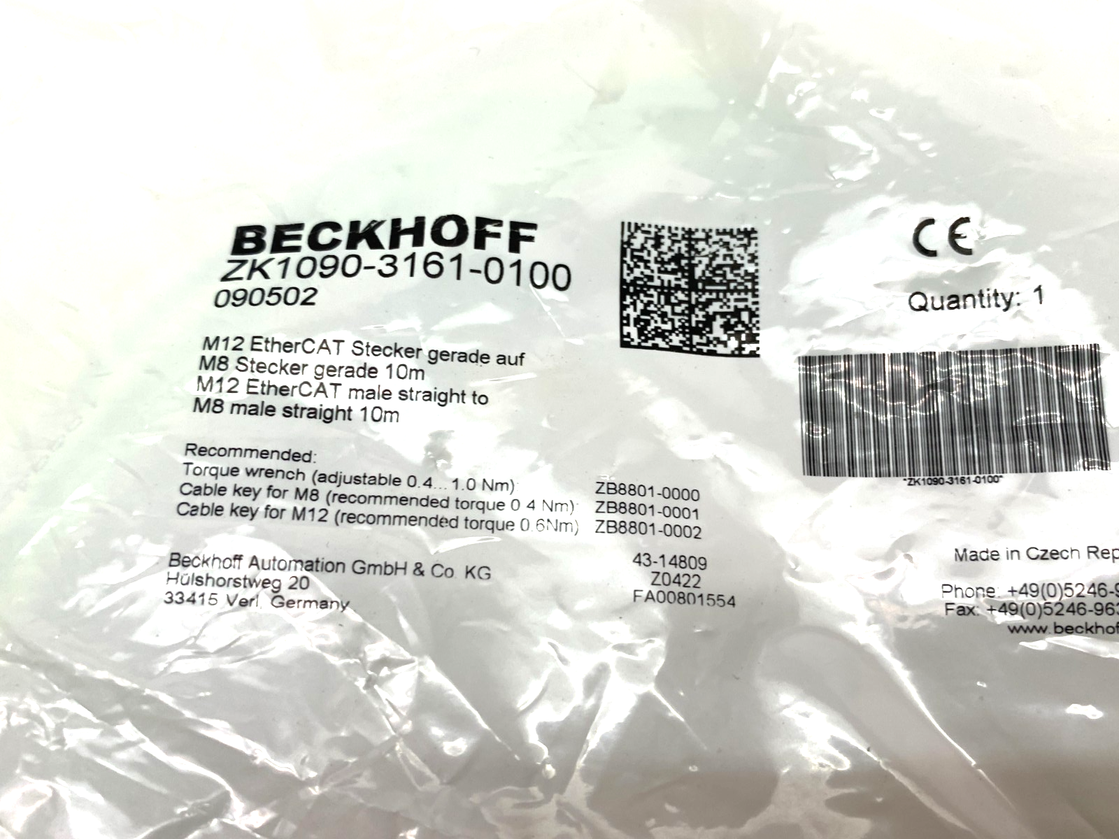 Beckhoff ZK1090-3161-0100 Double Ended EtherCAT Power Cable 10m 090502 - Maverick Industrial Sales