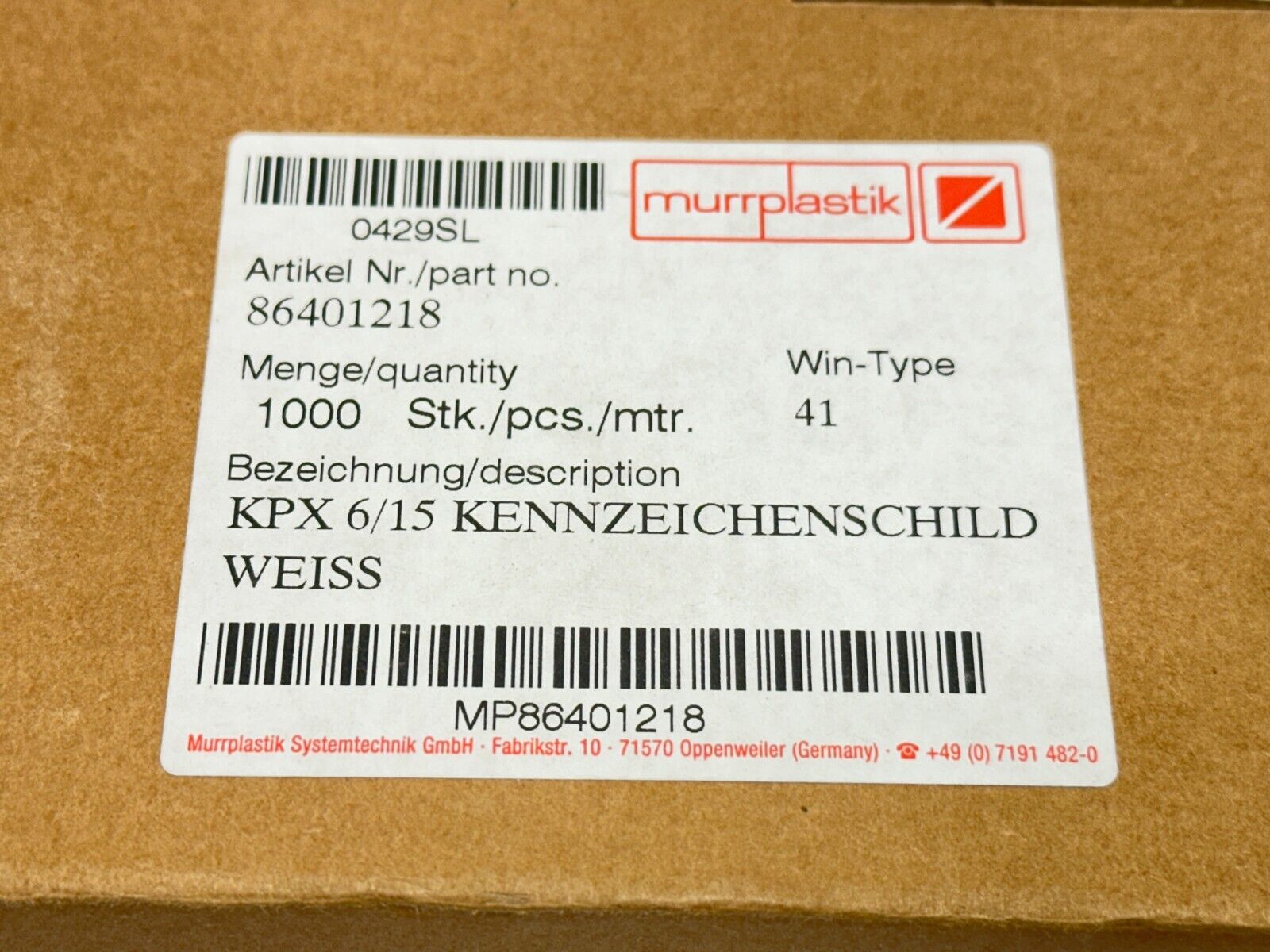Murrplastik 86401218 Labeling Type KPX 6/15 WIN-Type 41 LOT OF 448 - Maverick Industrial Sales