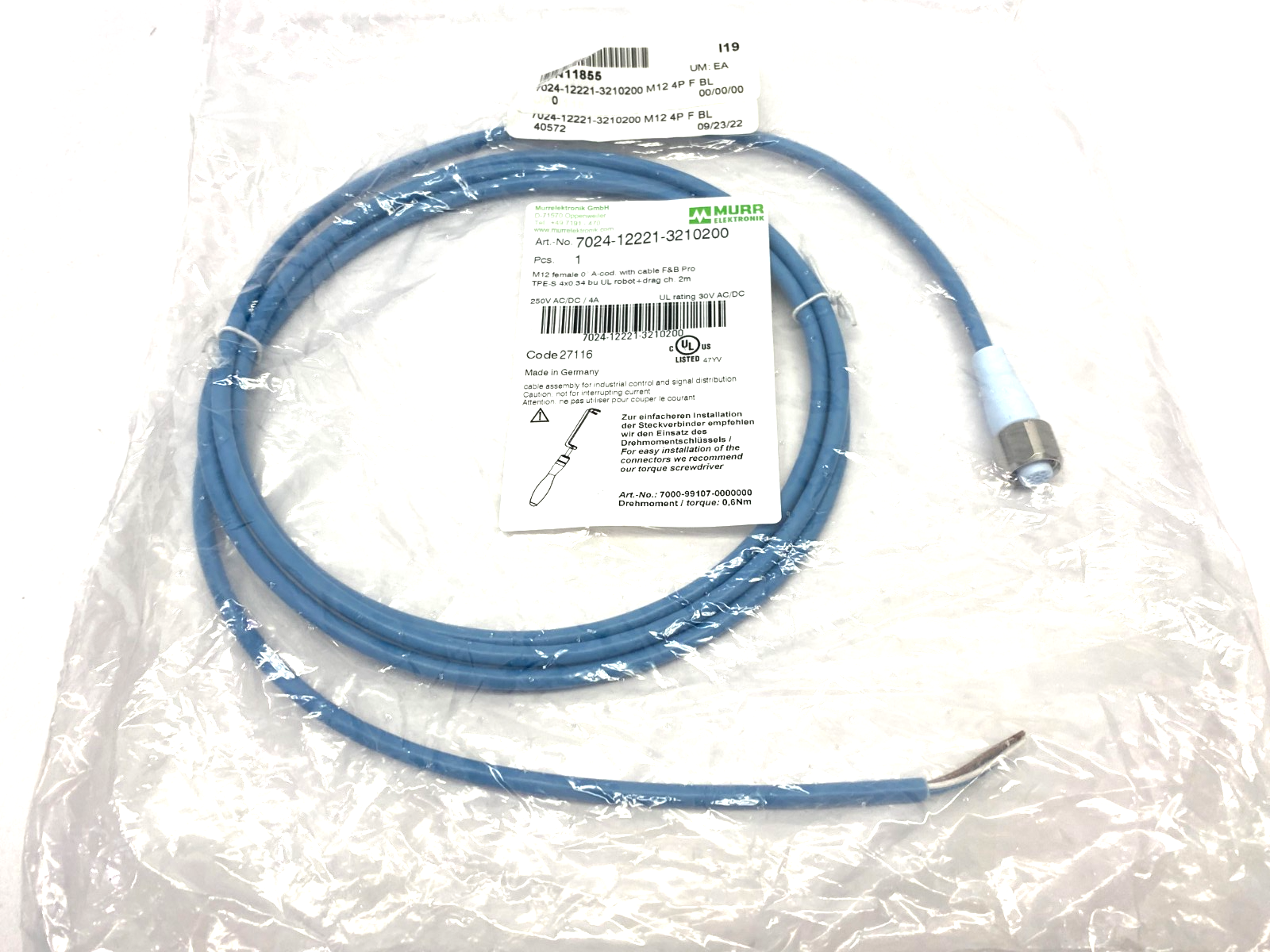 7024-12221-3210200 | Murrelektronik Single Ended M12 Steel Female Cordset 0° A-cod - New - Maverick Industrial Sales
