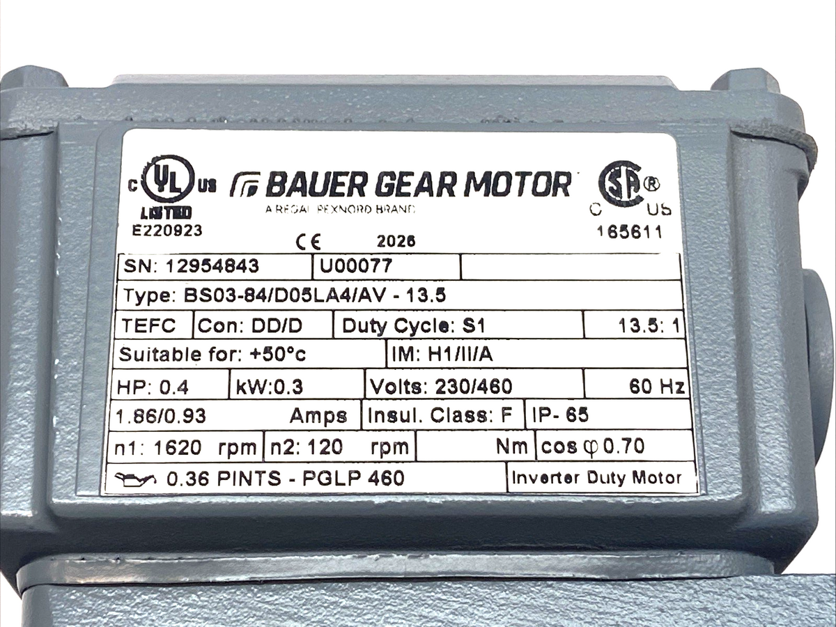 BS03-84/D05LA4/AV-13.5 | Bauer Gearmotor 0.4HP 0.3kW H1/II/A - New – Open box - Maverick Industrial Sales
