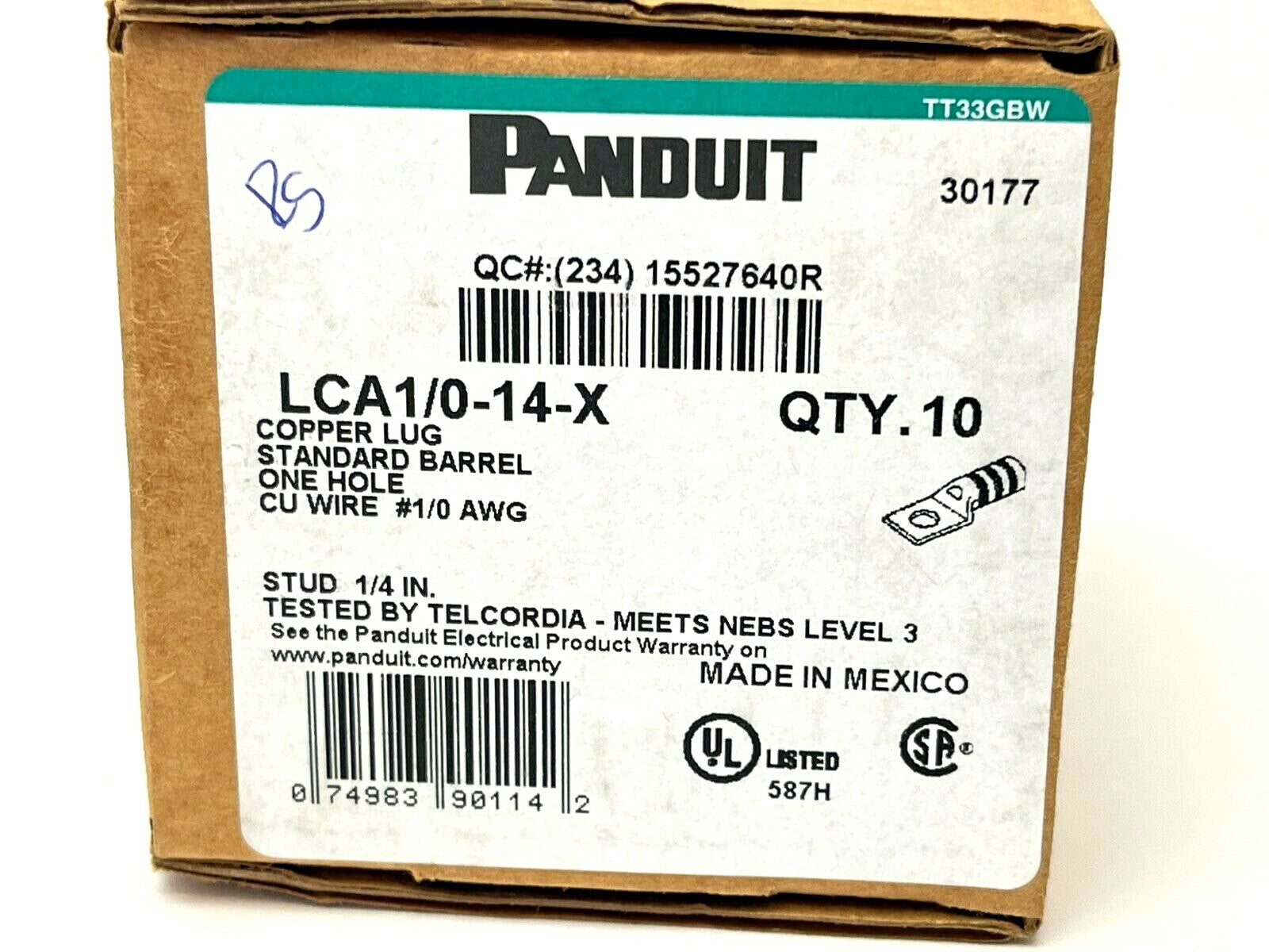 Panduit LCA1/0-14-X Copper Lug Standard Barrel One Hole #1/0 AWG BOX OF 10 - Maverick Industrial Sales