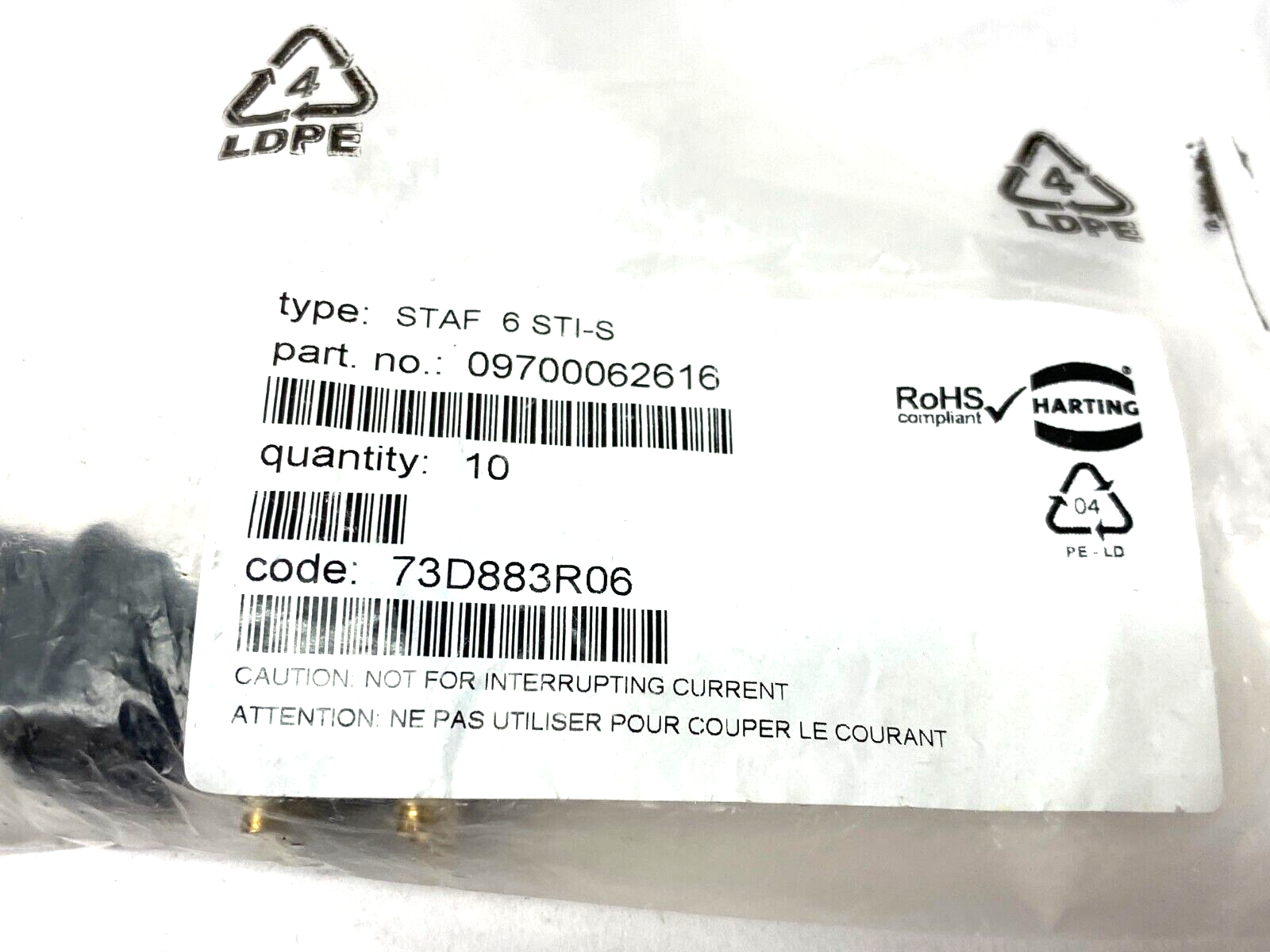 Harting 09700062616 Female Solder Connector 6-Position STAF 6 STI-S PKG OF 2 - Maverick Industrial Sales