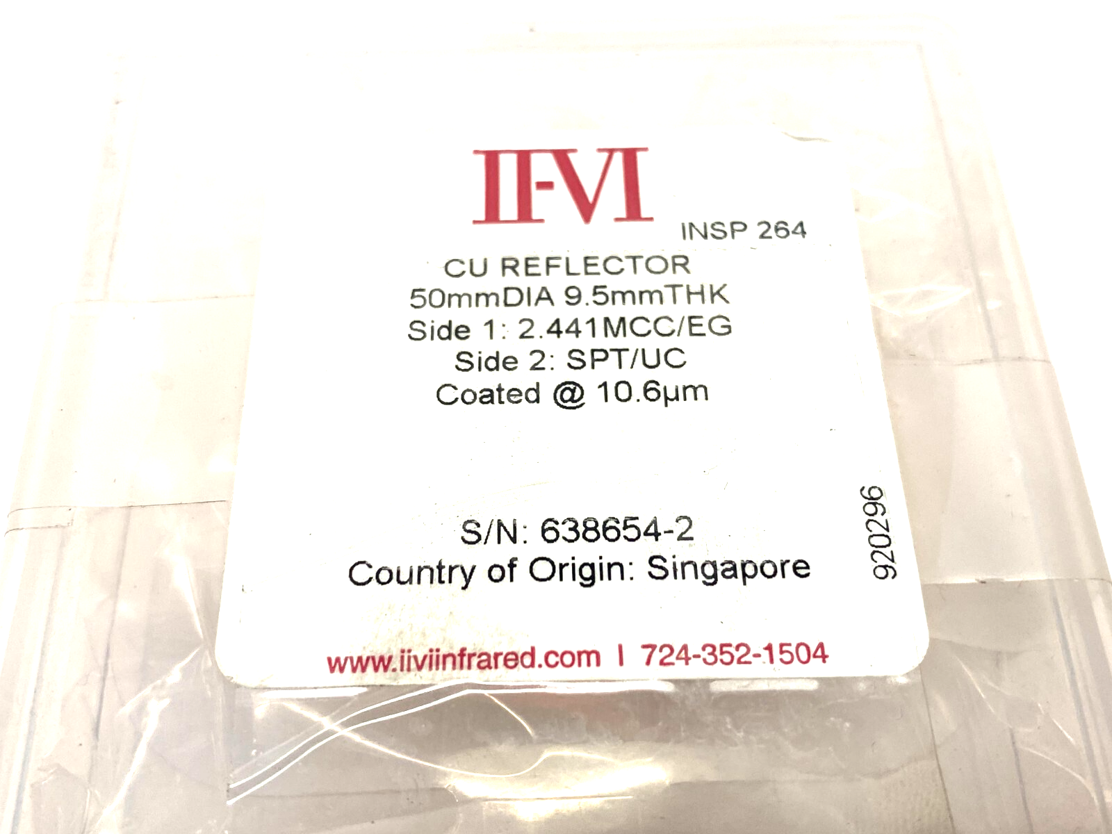 II-VI Infrared 920296 CU Reflector 50mm Dia. 9.5mm Thick 2.441MCC/EG, SPT/UC - Maverick Industrial Sales