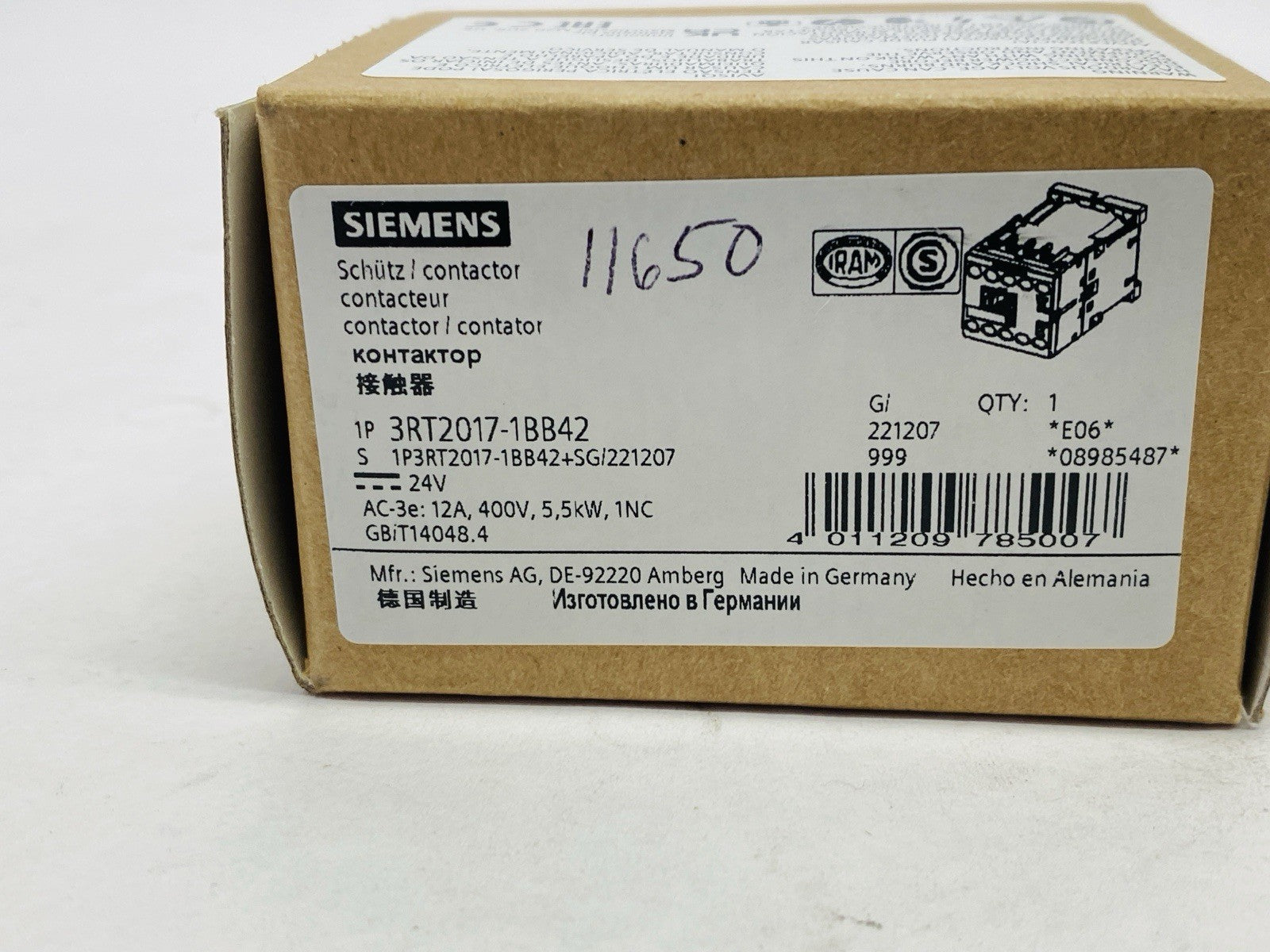 Siemens 3RT2017-1BB42 Power Contactor 3-Pole 12A 5.5kW 400V 24VDC - Maverick Industrial Sales