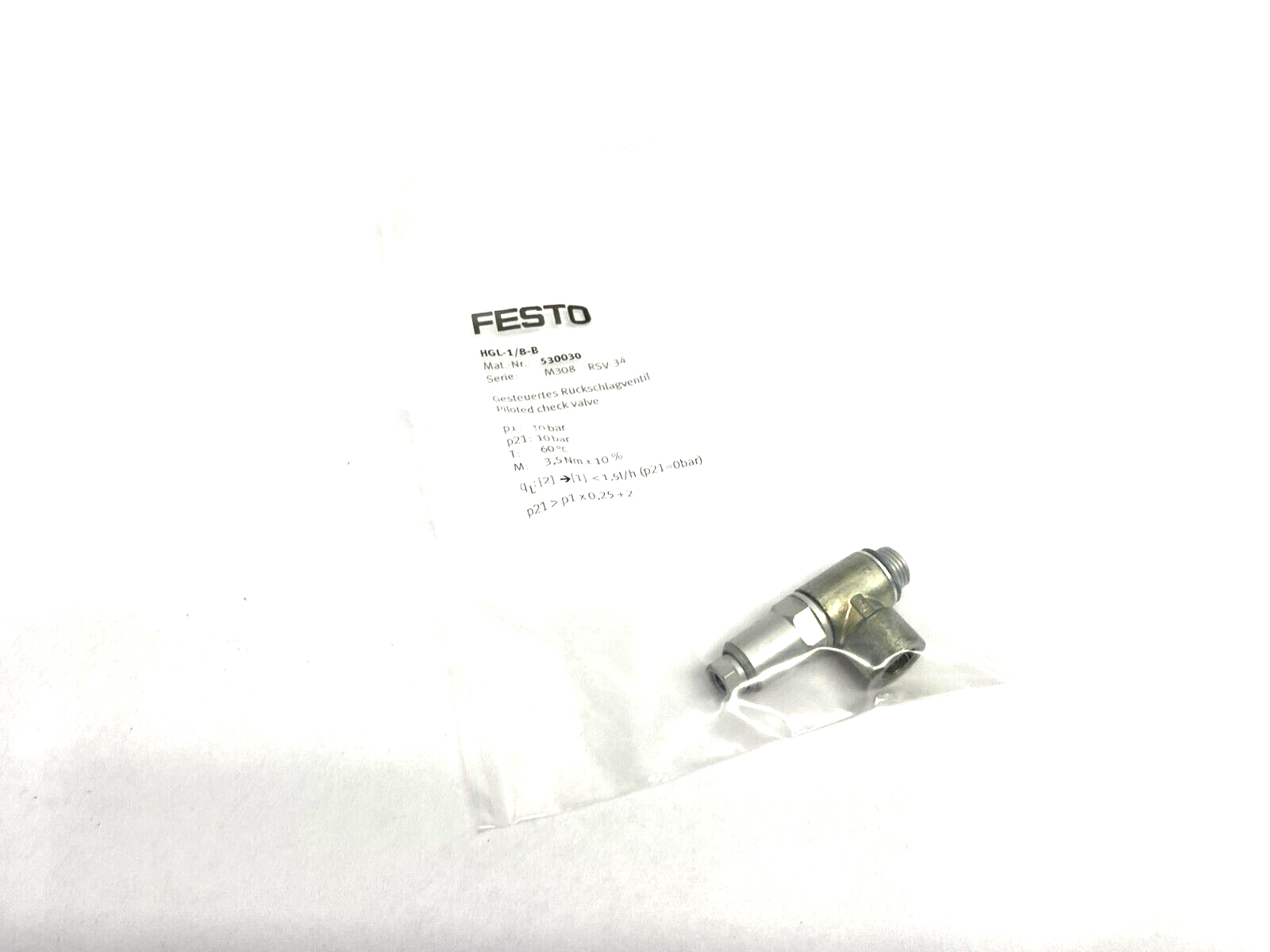 Festo HGL-1/8-B Piloted Non-Return Check Valve 530030 - Maverick Industrial Sales