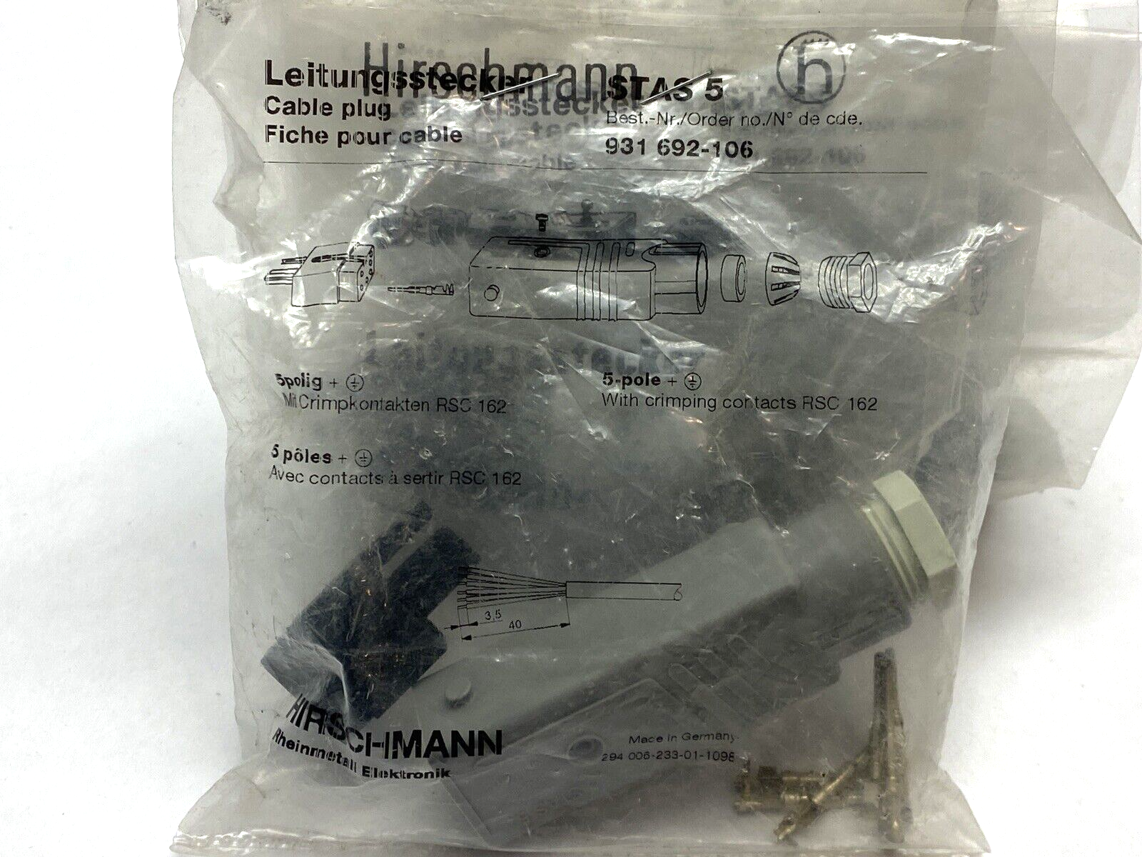 Hirschmann 931692‑106 Leitungsstecker STAS 5 Cable Plug LOT OF 6 - Maverick Industrial Sales