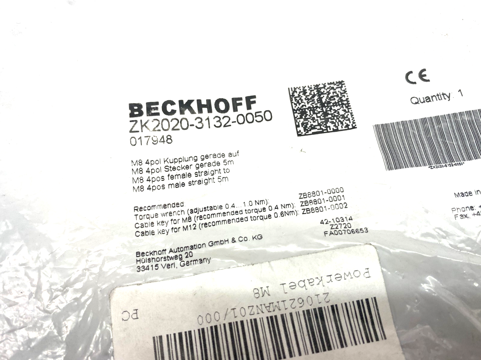 Beckhoff ZK2020-3132-0050 Double Ended Power Cable M8 4-Pin 5m 017948 - Maverick Industrial Sales
