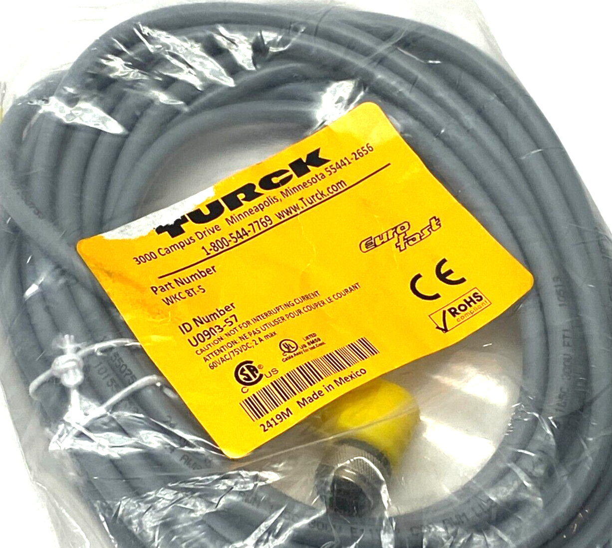 Turck WKC 8T-5 Eurofast Single Ended Rt Angle Cordset M12 8-Pin U0903-57 - Maverick Industrial Sales