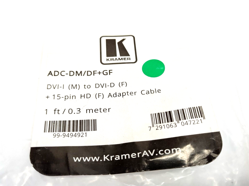 Kramer ADC-DM/DF+GF DVI–I Male to DVI–D Female & 15–pin DB15 Adapter Cable 1FT - Maverick Industrial Sales