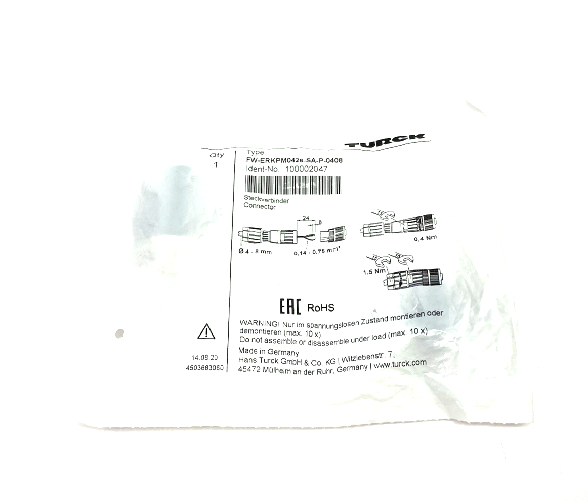 Turck FW-ERKPM0426-SA-P-0408 Field Wireable Connector Female Straight 100002047 - Maverick Industrial Sales