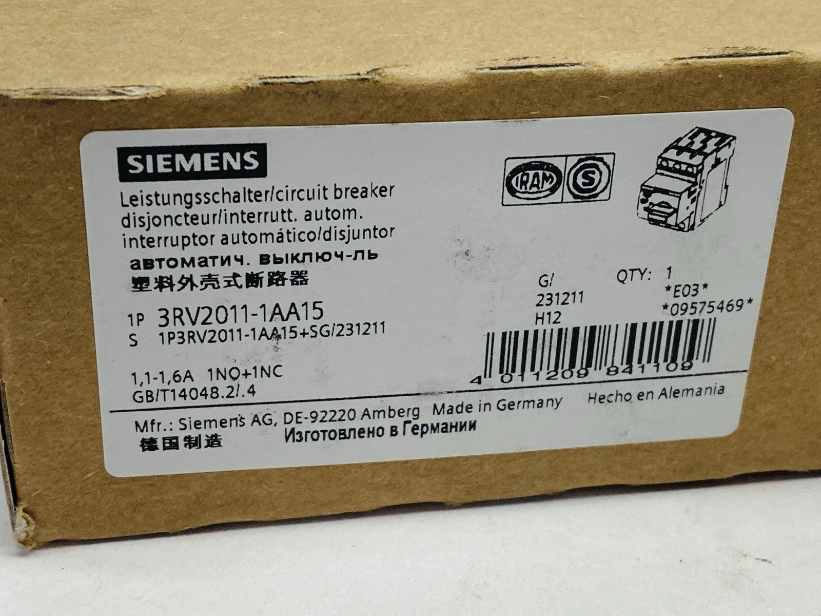Siemens 3RV2011-1AA15 Sirius Motor Protection Circuit Breaker 1.1-1.6A 600V - Maverick Industrial Sales