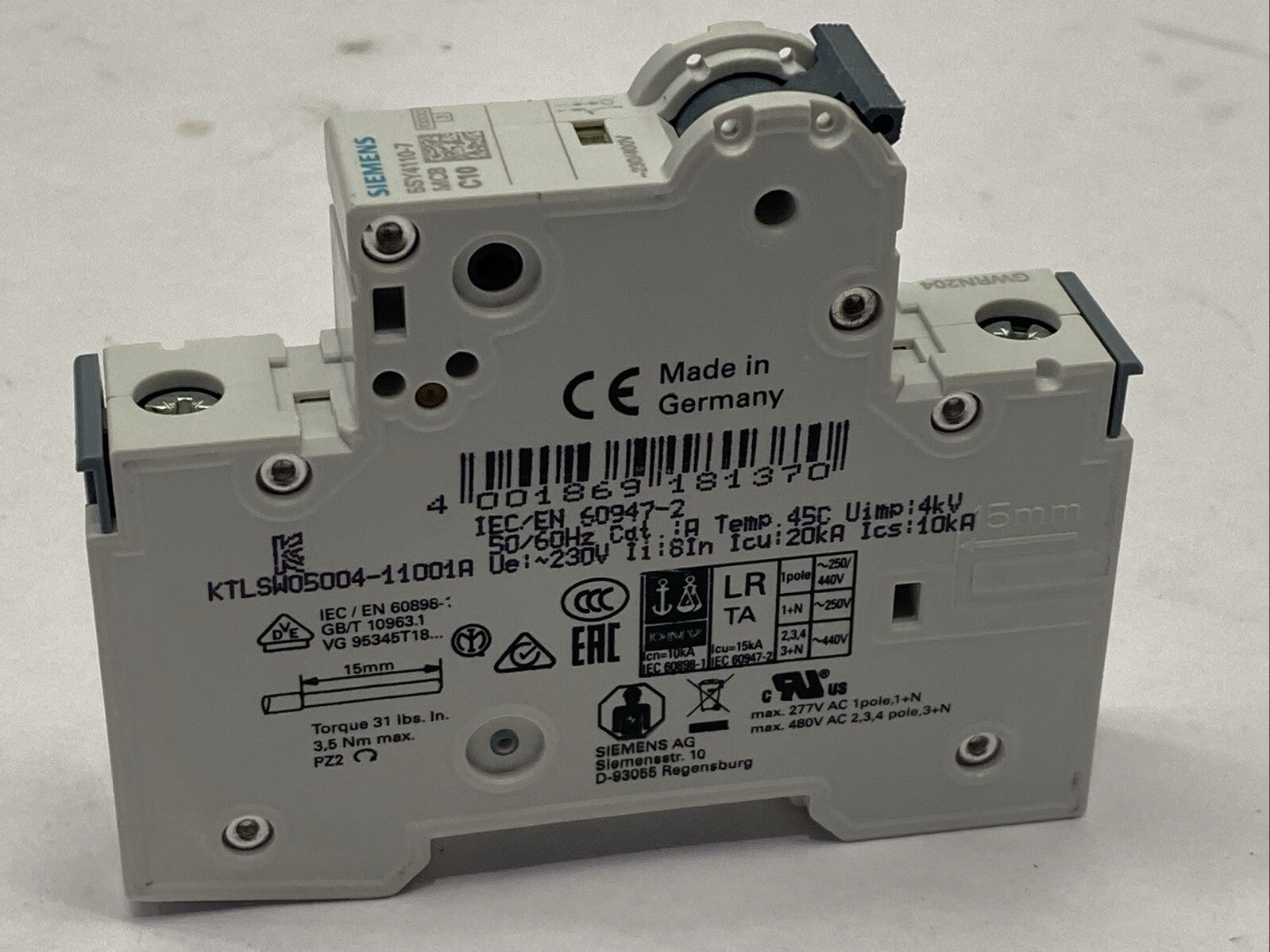 Siemens 5SY4110-7 Miniature Circuit Breaker C10 1-Pole 10kA 10A - Used - Maverick Industrial Sales