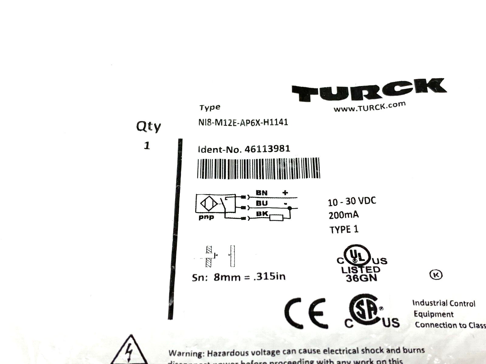 Turck NI8-M12E-AP6X-H1141 Inductive Proximity Sensor 3-Wire 10-30VDC 46113981 - Maverick Industrial Sales