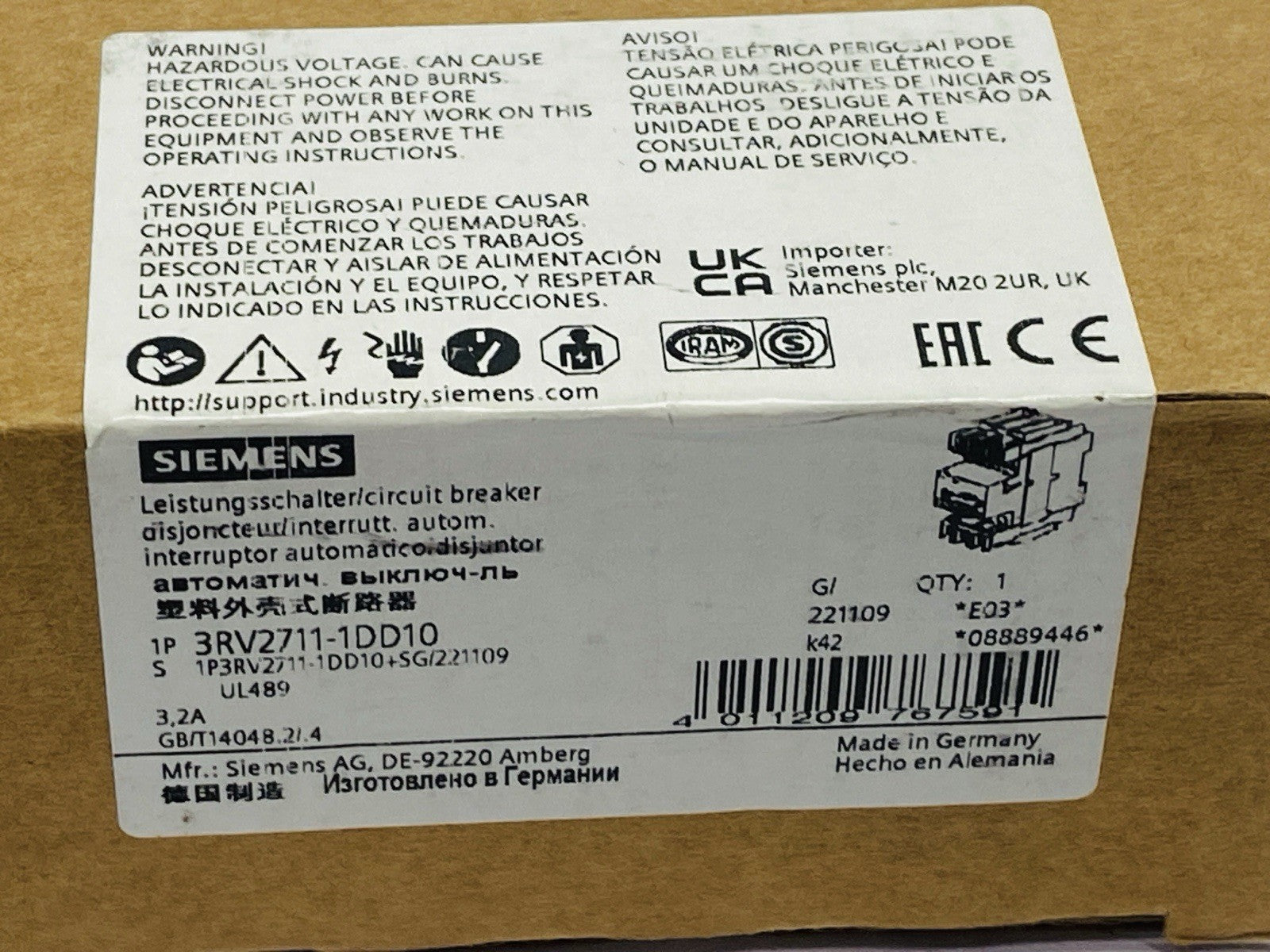 Siemens 3RV2711-1DD10 SIRIUS Circuit Breaker Size S00 3.2A - Maverick Industrial Sales