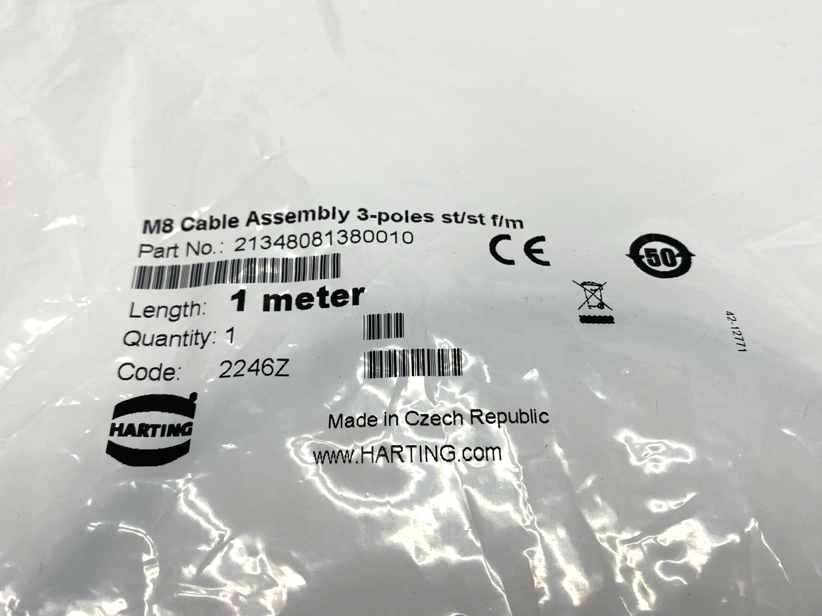 Harting 21348081380010 Double-Ended Cable Assembly M8 3-Poles 1m - Maverick Industrial Sales