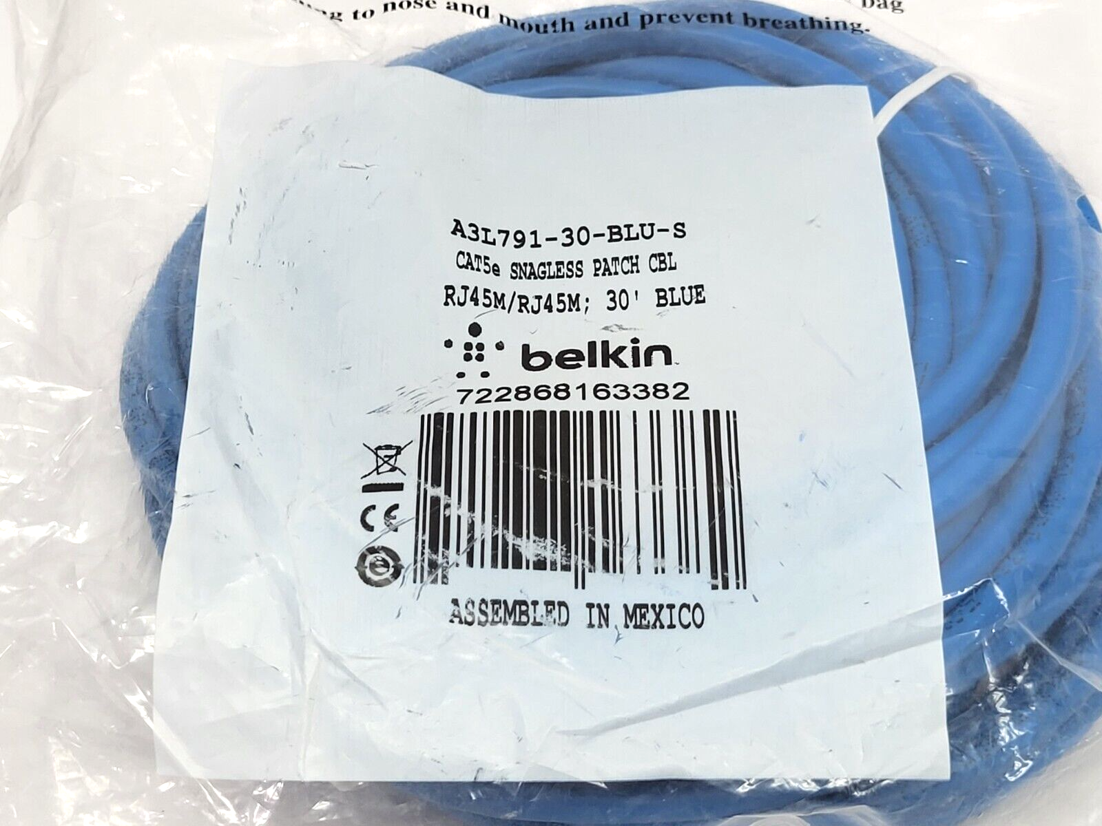 Belkin A3L791-30-BLU-S Snagless Cat5 Patch Cable RJ45m to RJ45m 30' Length Blue - Maverick Industrial Sales