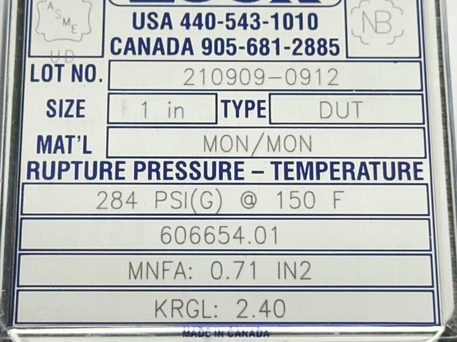 ZOOK D-0025-U00129 210909-0912 DUT Series 1" Rupture Disk 284PSIG 150F 606654.01 - Maverick Industrial Sales