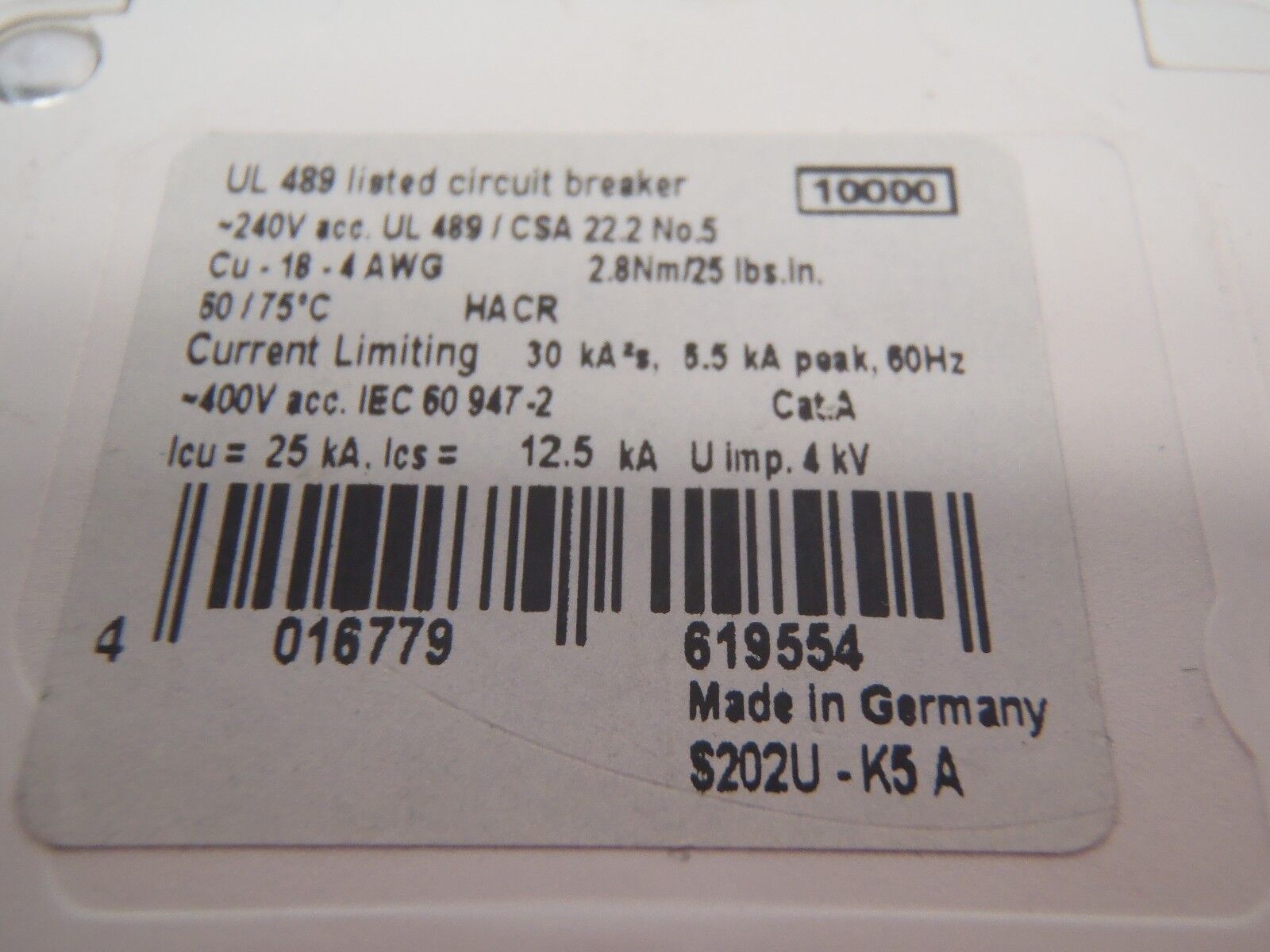 ABB S202UK5A 240V Circuit Breaker 50/60Hz 10kA IR - Maverick Industrial Sales