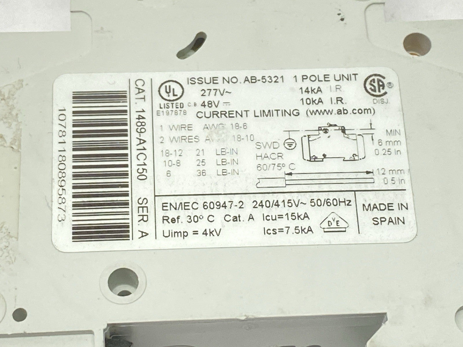 1489-A1C150 | Allen Bradley Ser A Circuit Breaker 1-Pole 15A 277VAC 48VDC - Used - Maverick Industrial Sales