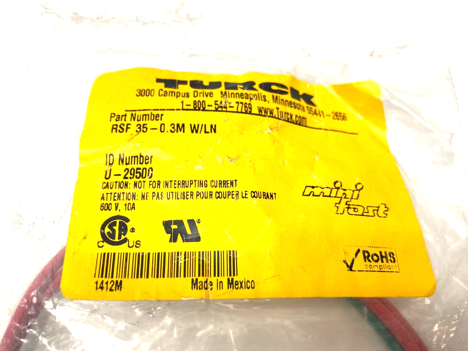 Turck RSF 35-0.3M W/LN Minifast Pan-Mount Bulkhead Receptacle Connector U-29500 - Maverick Industrial Sales
