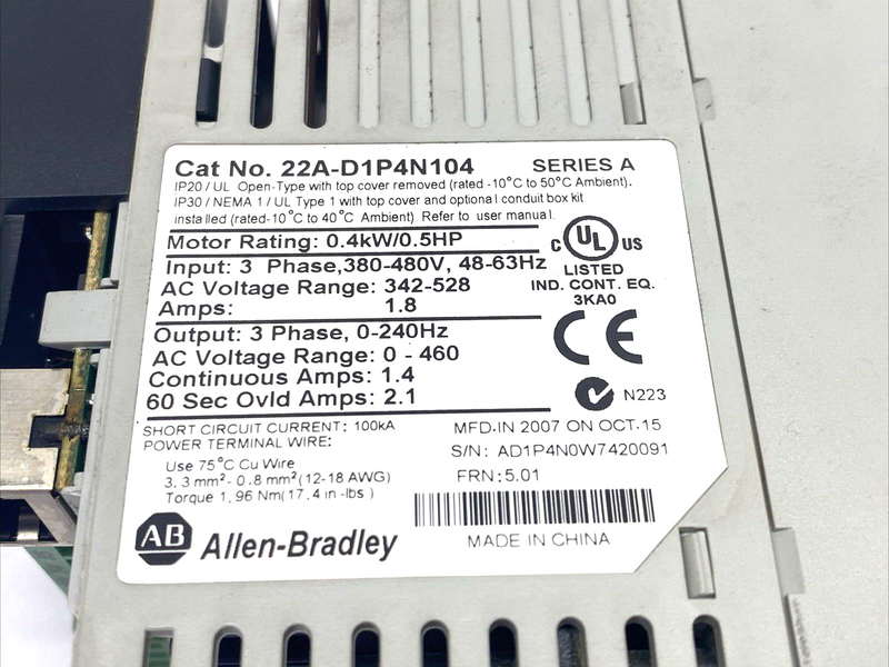 Allen Bradley 22A-D1P4N104 Ser. A PowerFlex 4 AC Drive 0.4 kW 0.5 HP 3PH - Maverick Industrial Sales