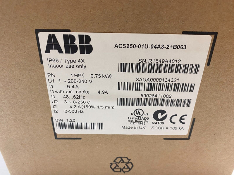 ABB ACS250-01U-04A3-2+B063 Variable Frequency Micro Drive Type 4X IP66 - Maverick Industrial Sales