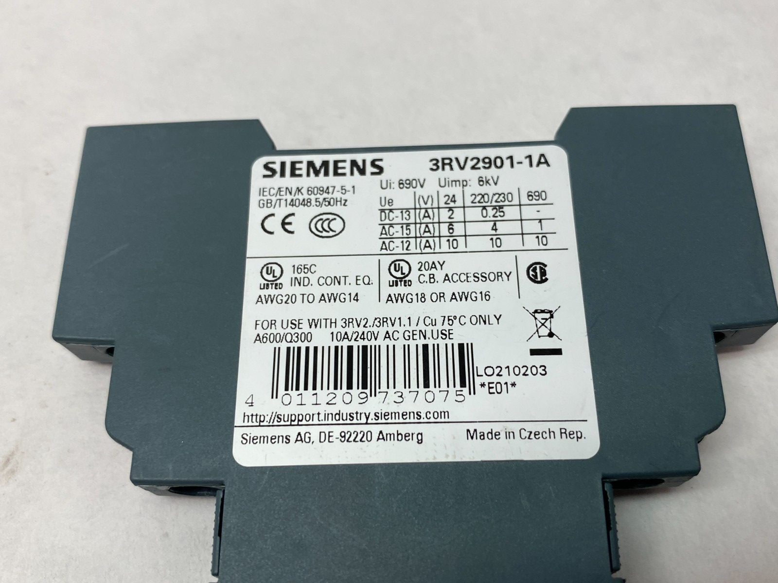 Siemens 3RV2901-1A Lateral Auxiliary Switch 1NO + 1NC - Maverick Industrial Sales