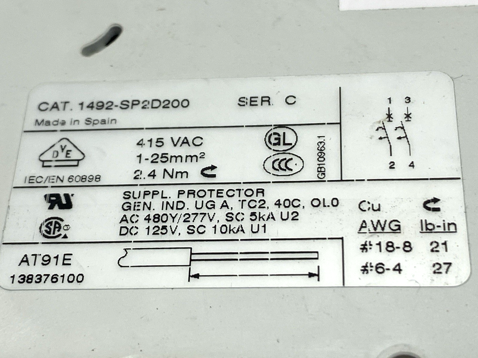 Allen Bradley 1492-SP2D200 Ser. C Miniature Circuit Breaker 415VAC - Maverick Industrial Sales