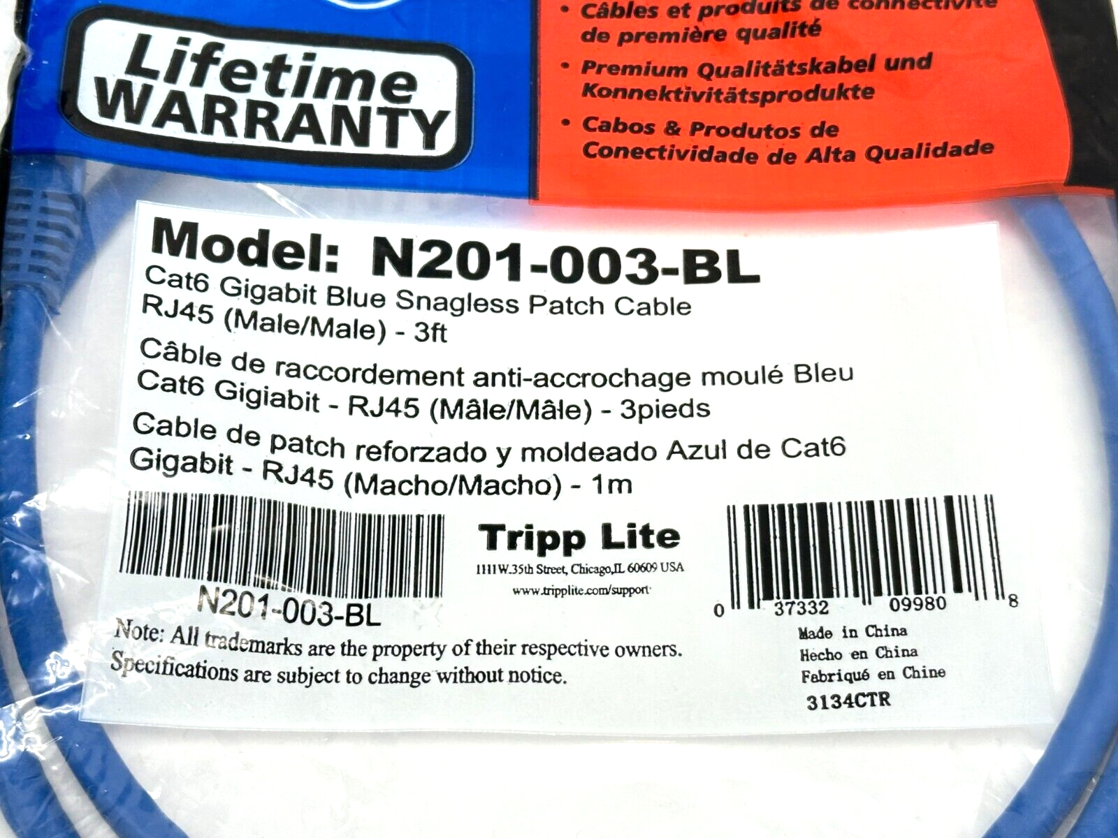 Tripp Lite N201-003-BL Cat6 Gigabit Blue Snagless Patch Cable 3ft LOT OF 2 - Maverick Industrial Sales