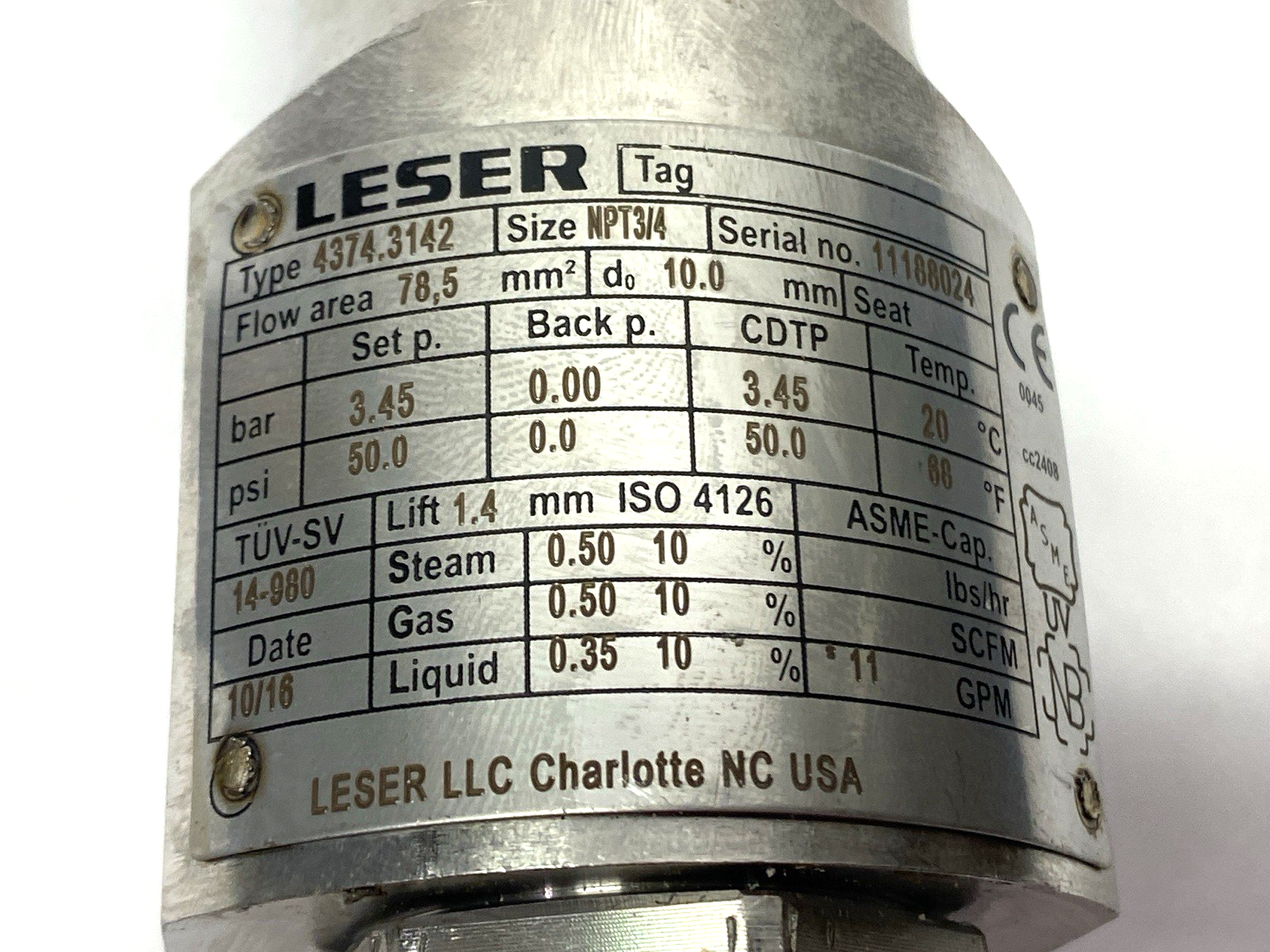 4374.3142 | Leser Safety Relief Valve 3/4" NPT Inlet 1" NPT Outlet 50psi - Used - Maverick Industrial Sales