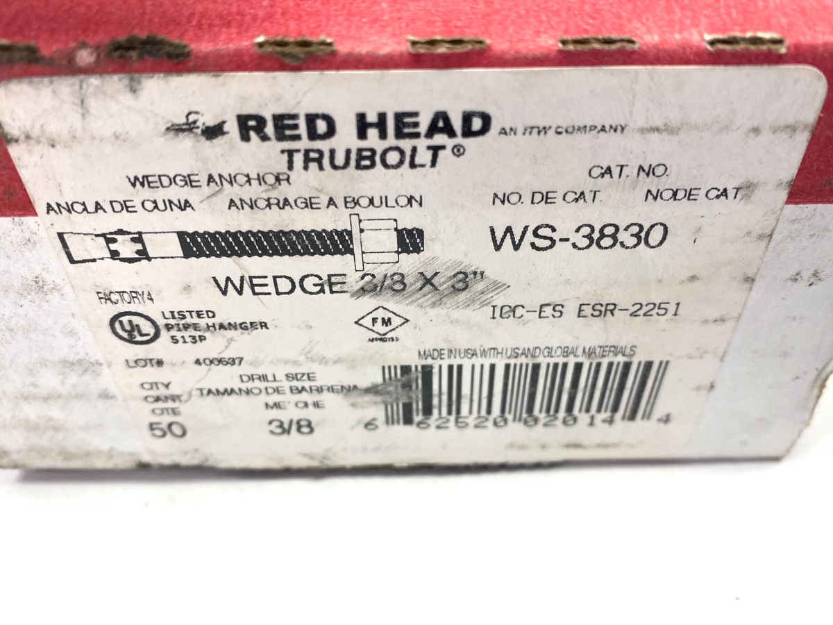 ITW Red Head WS-3830 Trubolt Wedge Anchor 3/8" x 3" Zinc-Plated Steel PACK OF 42 - Maverick Industrial Sales