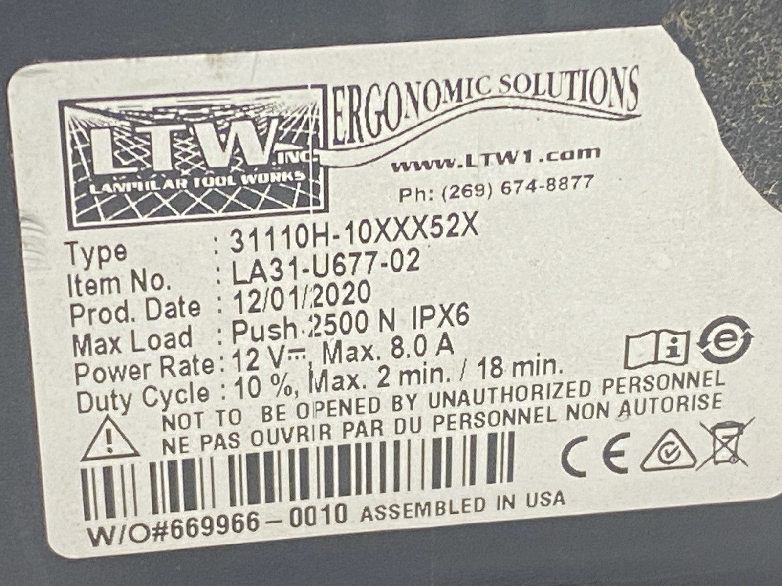 31110H-10XXX52X | LTW Linak Careline Linear Actuator 2500N 8A 12VDC LA31-U677-02 - Used - Maverick Industrial Sales