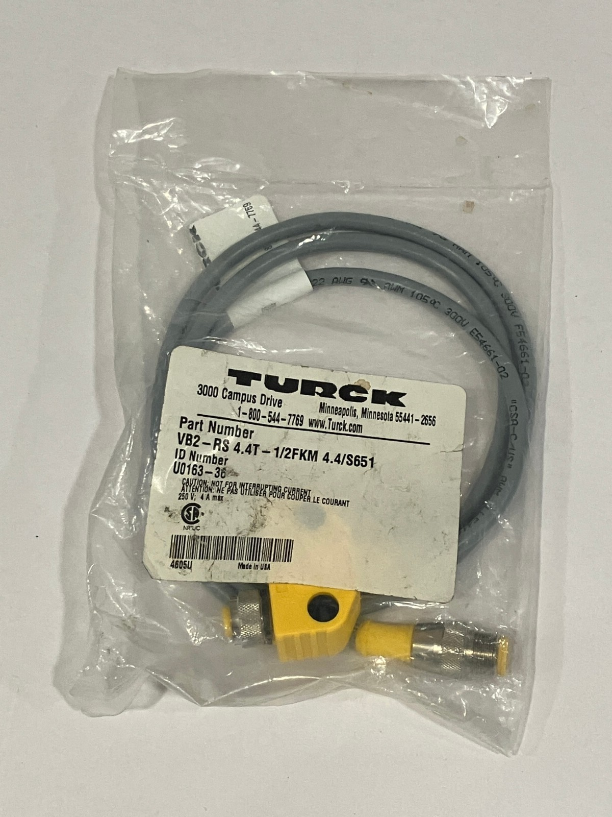 Turck VB2-RS 4.4T-1/2FKM 4.4/S651 Splitter Cable 4-Pin M12 U0163-36 - Maverick Industrial Sales