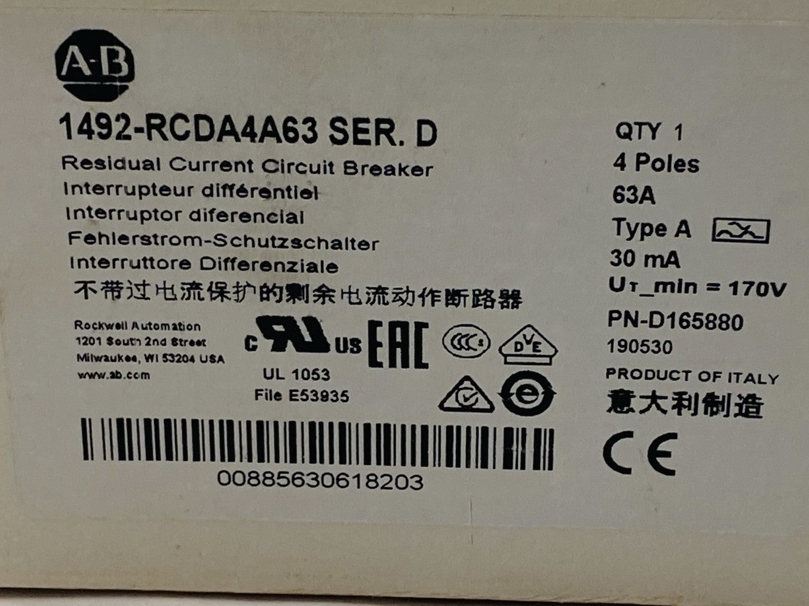Allen Bradley 1492-RCDA4A63 Ser D Residual Current Circuit Breaker 63A 4-Pole - Maverick Industrial Sales