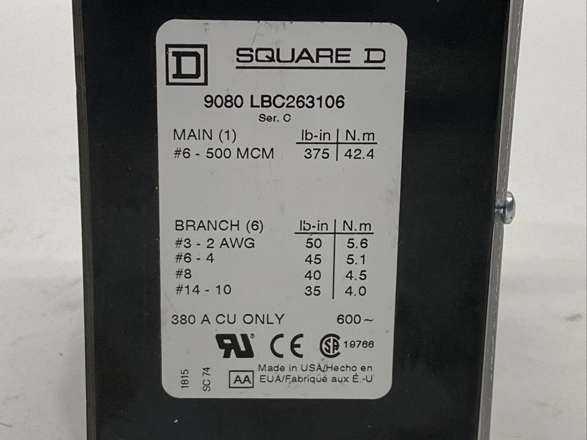 980LBC263106 | Schneider Electric 9080LBC263106 Power Distribution Block 2-Pole 380A 600V - Used - Maverick Industrial Sales