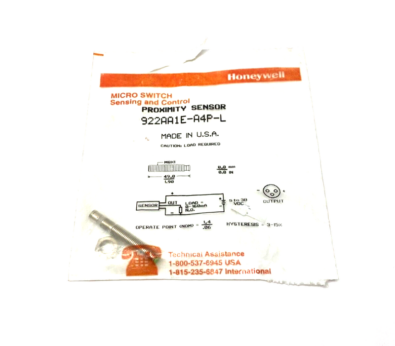 Honeywell 922AA1E-A4P-L Micro Switch Proximity Sensor M8 Barrel MISSING NUT - Maverick Industrial Sales