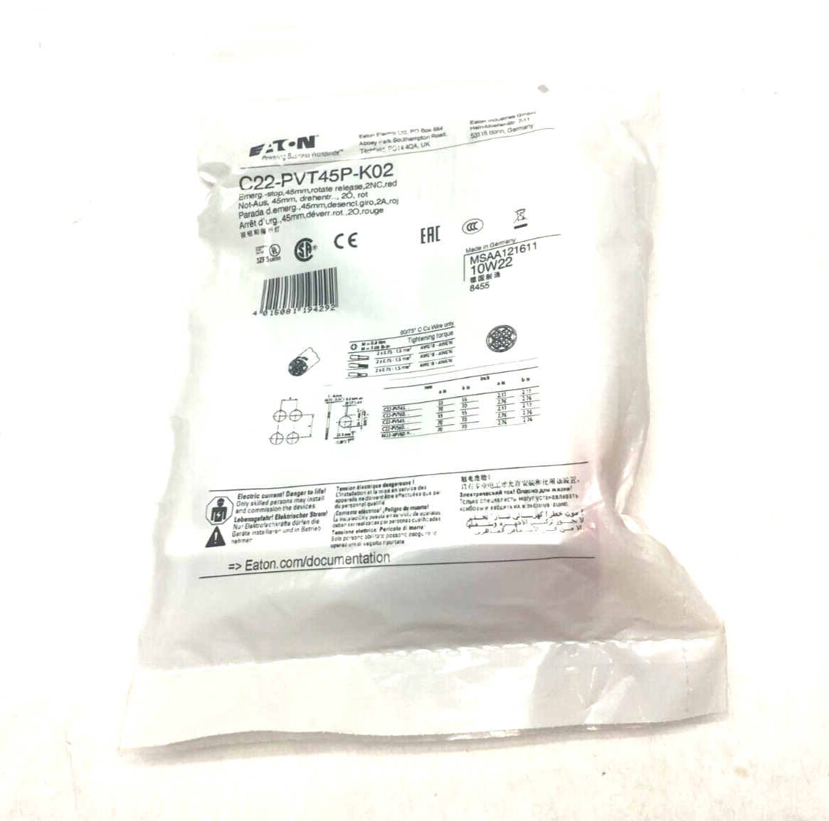 C22-PVT45P-K02 | Eaton Emergency Stop Pushbutton 45mm Rotate Release Red - New - Maverick Industrial Sales