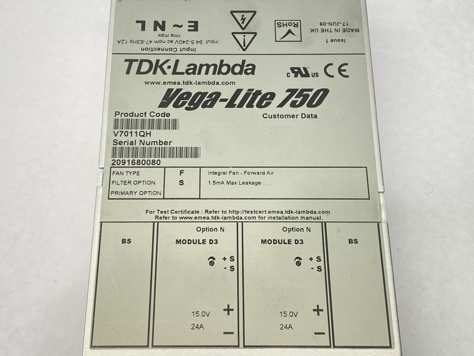 V7011QH | TDK-Lambda Vega-Lite 750 Power Supply 24A 15V - Used - Maverick Industrial Sales