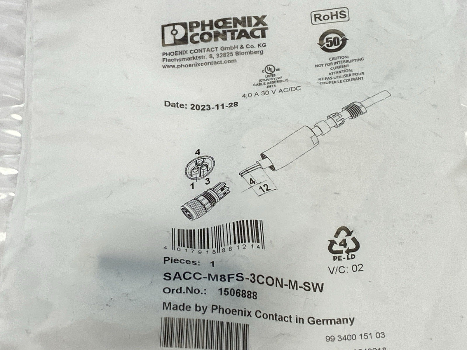 Phoenix Contact SACC-M8FS-3CON-M-SW Circular Connector M8 3-Pin 1506888 - Maverick Industrial Sales