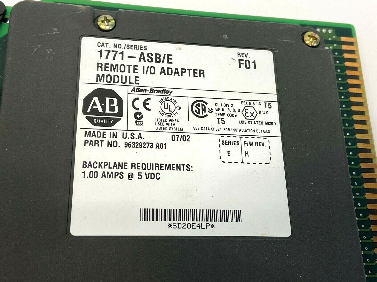 Allen Bradley 1771-ASB/E Rev F01 Remote I/O Adapter Module Firmware H 96329273 - Maverick Industrial Sales