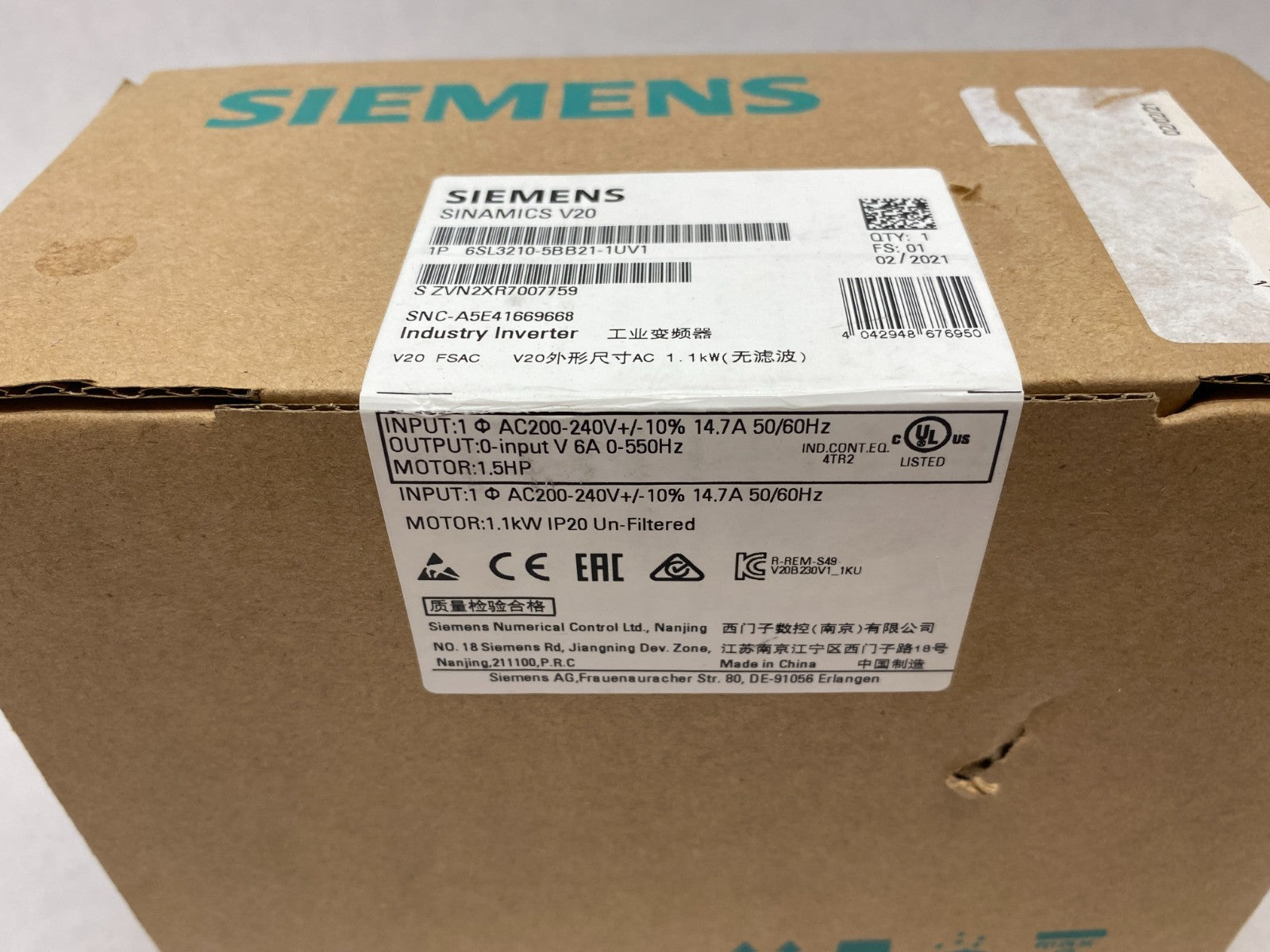 Siemens 6SL3210-5BB21-1UV1 SINAMICS V20 Converter Industry Inverter 1AC 230V - Maverick Industrial Sales